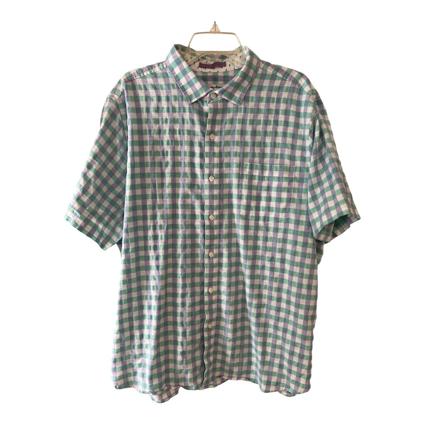 Tommy Bahama Linen Blend Short Sleeve Button Shirt XL Green Purple Check