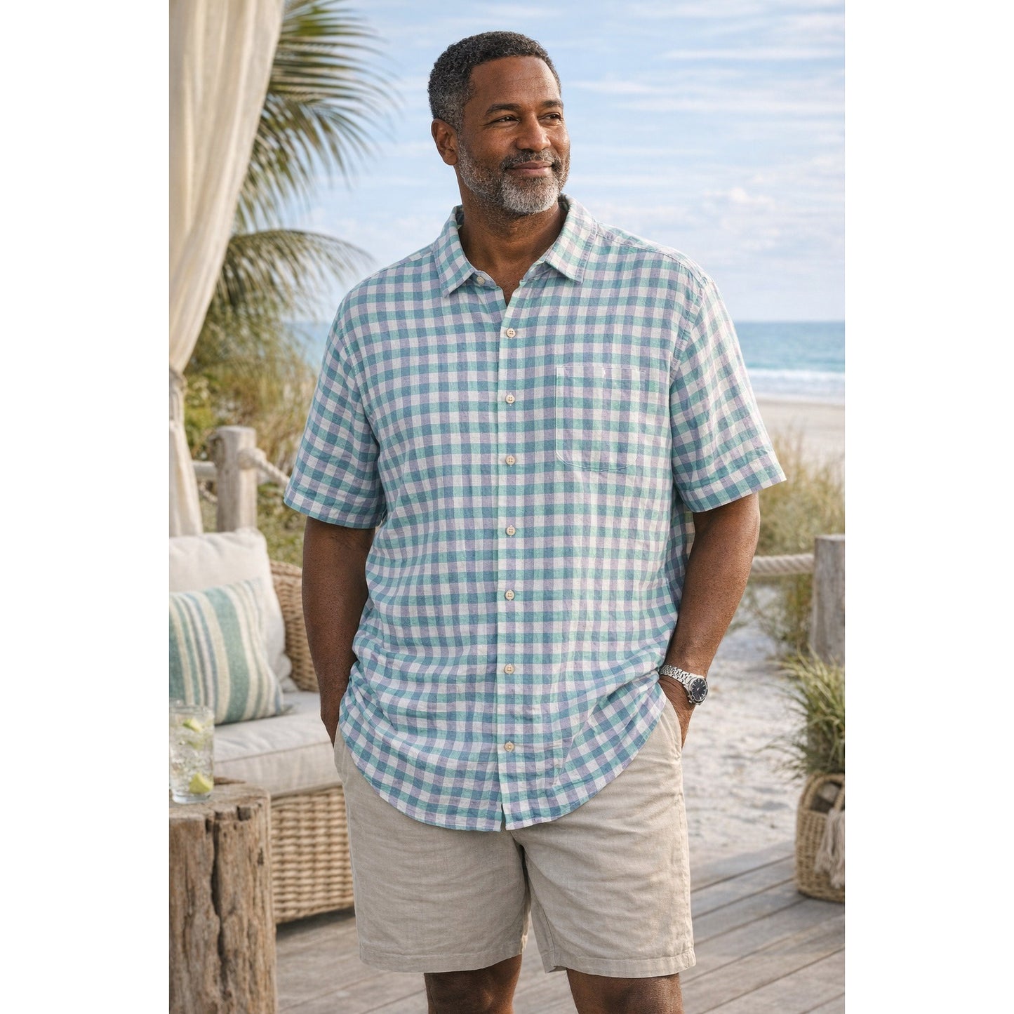 Tommy Bahama Linen Blend Short Sleeve Button Shirt XL Green Purple Check