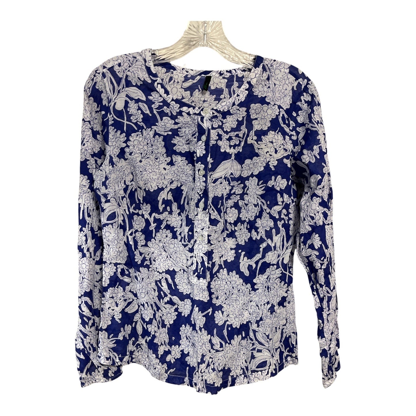 United Colors of Benetton Blue White Floral Cotton Blouse XS Lightweight Button Front Top