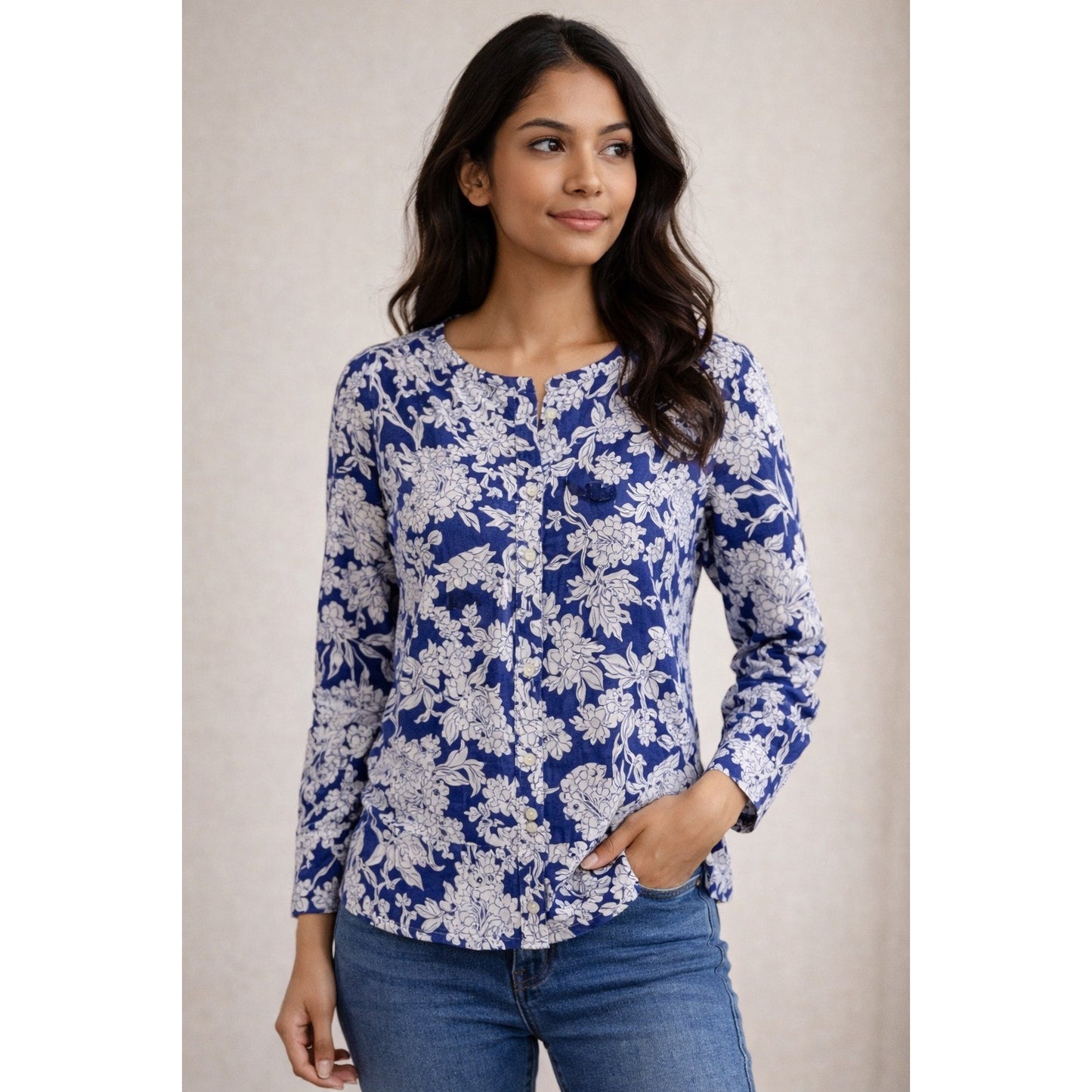 United Colors of Benetton Blue White Floral Cotton Blouse XS Lightweight Button Front Top