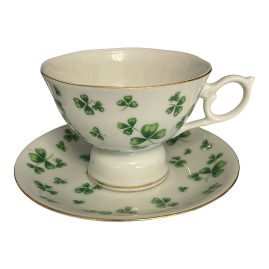 Vintage Lefton China Shamrock Musical Teacup & Saucer – “My Wild Irish Rose” – Made in Japan