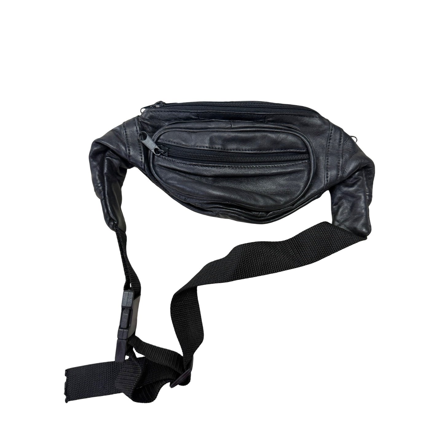 Vintage Black Leather Fanny Pack Waist Bag Multi Pocket Belt Bag Travel Pouch