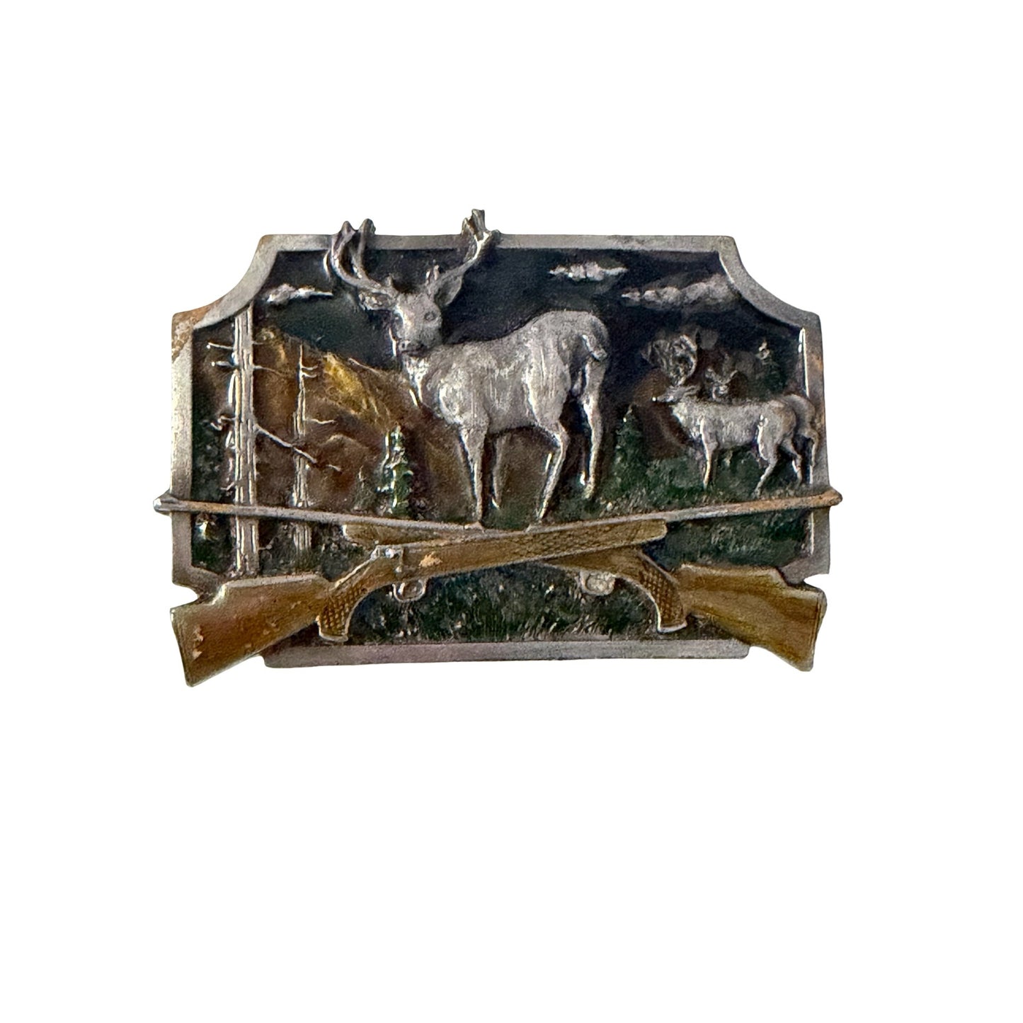 Vintage Siskiyou Belt Buckle Deer Hunting Rifle Wildlife Scene 1984