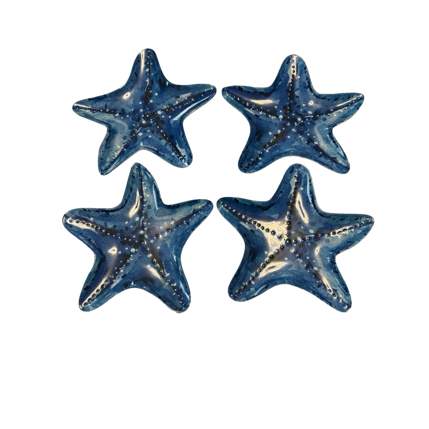 Vintage Set of 4 Blue Starfish Melamine Dinner Plates 10" Coastal Beach Nautical