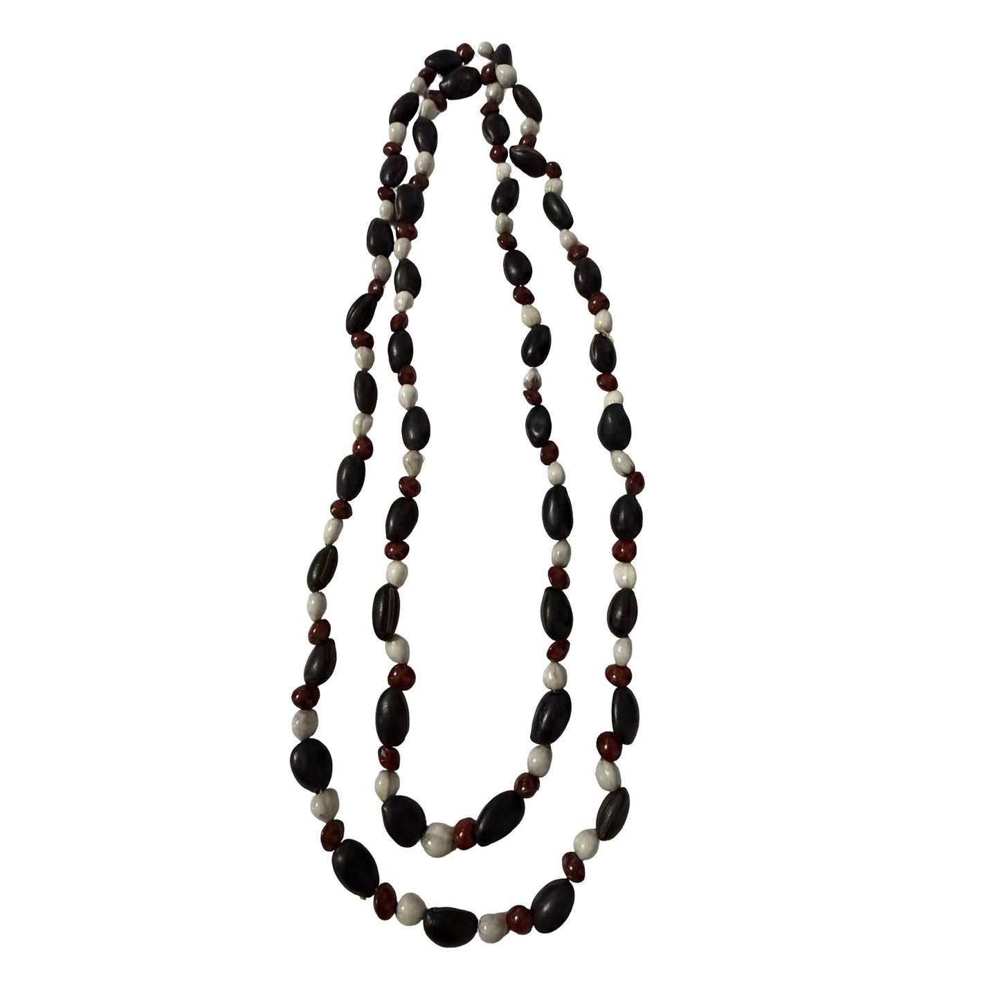Vintage Handcrafted Wood Bead Necklace 52" Long Black Brown Cream Boho Tribal