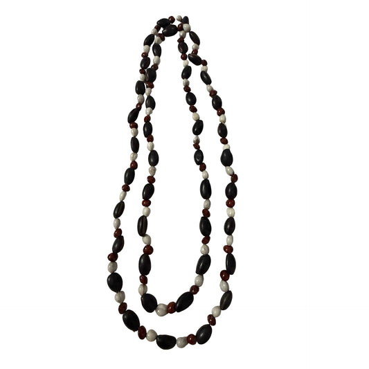 Vintage Handcrafted Wood Bead Necklace 52" Long Black Brown Cream Boho Tribal