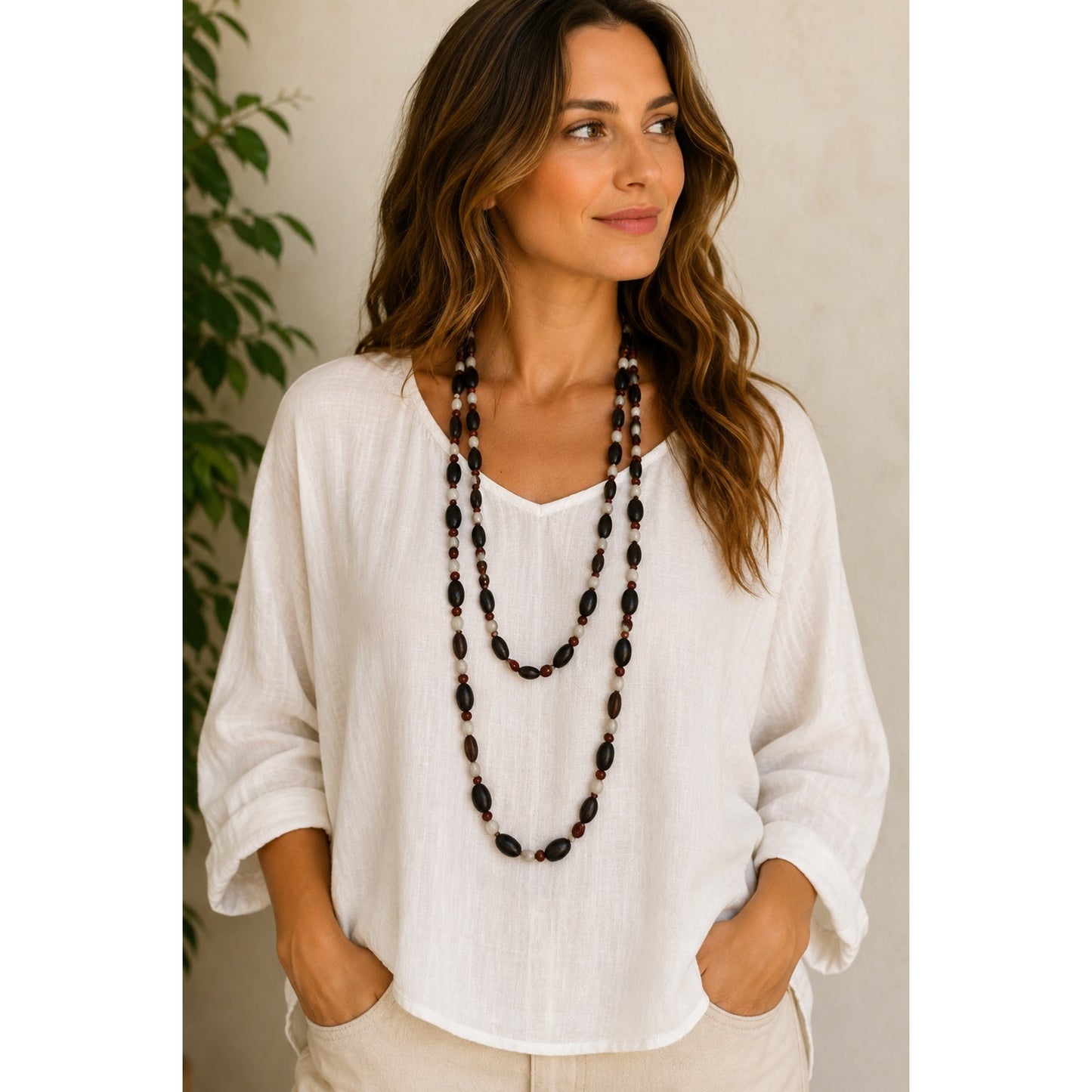 Vintage Handcrafted Wood Bead Necklace 52" Long Black Brown Cream Boho Tribal