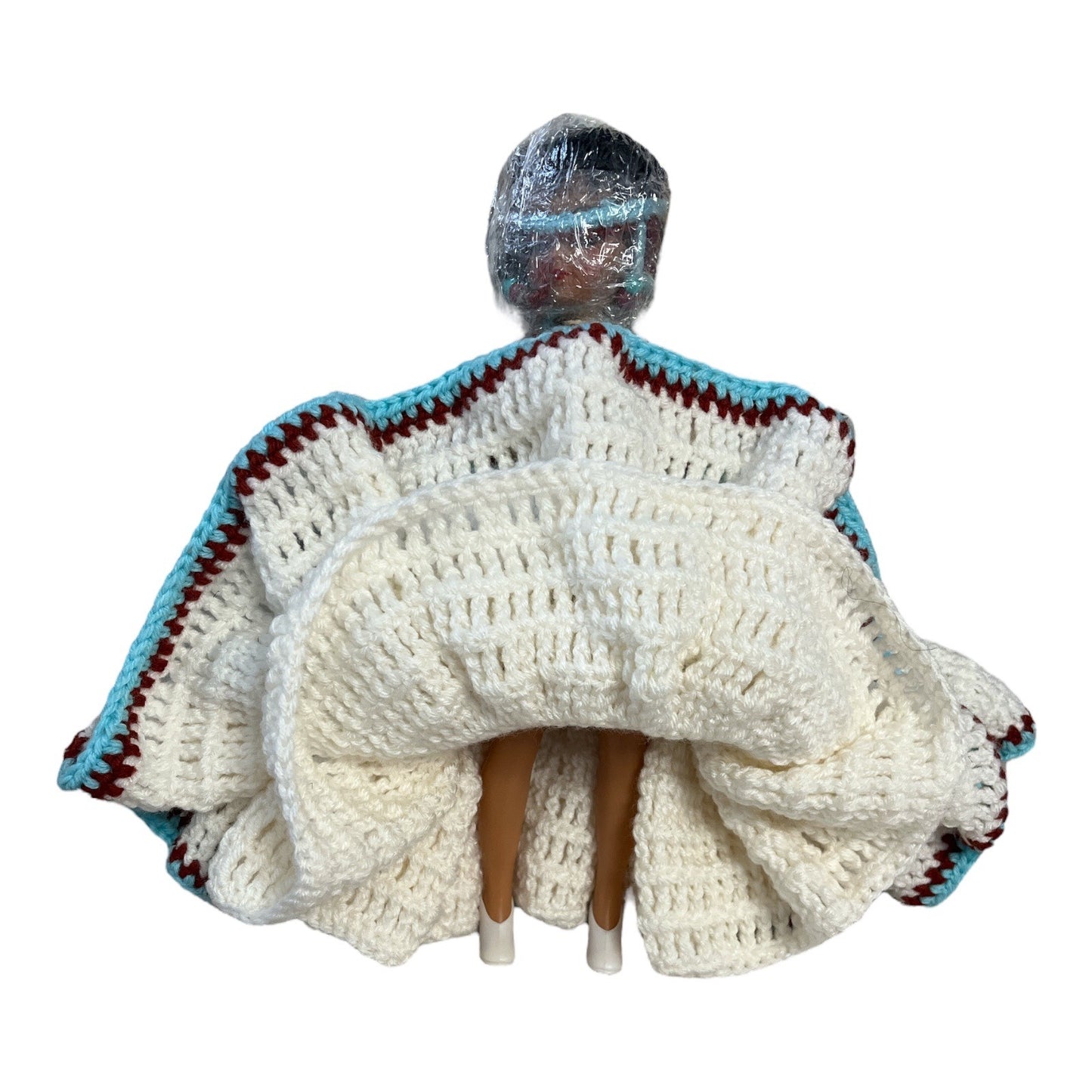 1980s Indigenous-Style Crochet Skirt Doll – 14" Handmade Display Doll with Beaded Trim, Replaceable Head