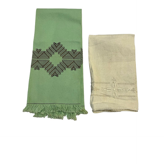 Vintage Embroidered Linen Towels Set Green Fringe & Cream Guest Towels Handmade