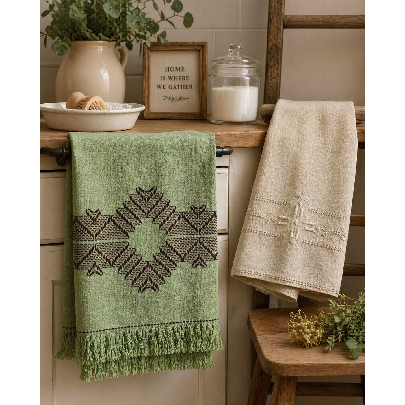 Vintage Embroidered Linen Towels Set Green Fringe & Cream Guest Towels Handmade
