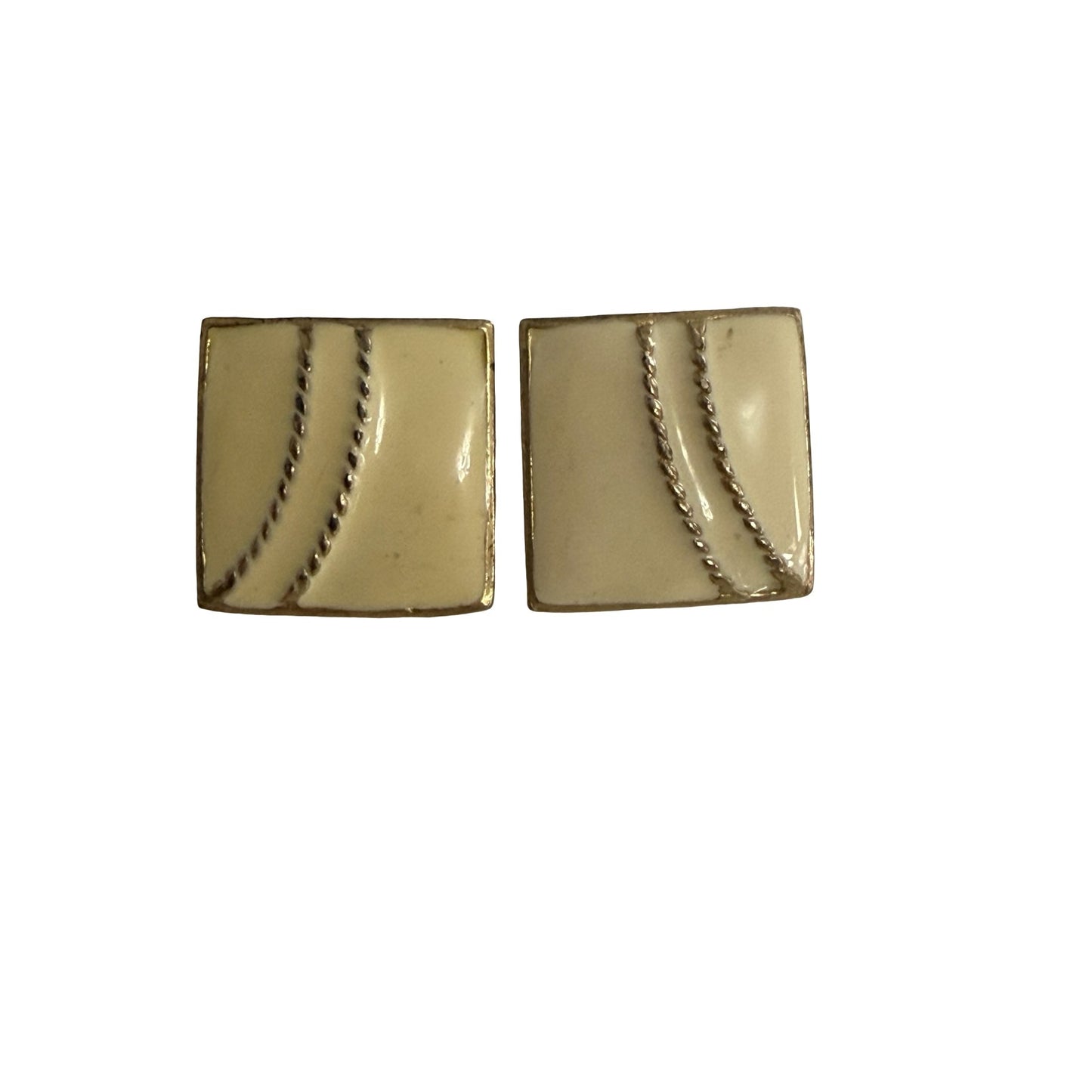 Vintage Cream Enamel Square Gold Tone Abstract Swirl Stud Earrings