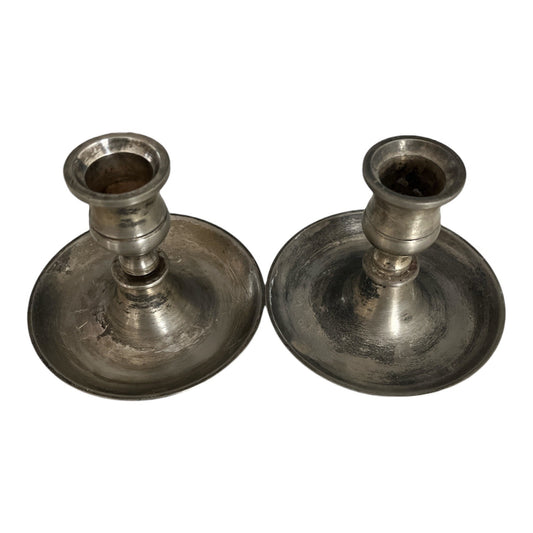 Vintage MCM Made in England Solid Brass Candle Holders Silver Tone Pair 3.5 Inch