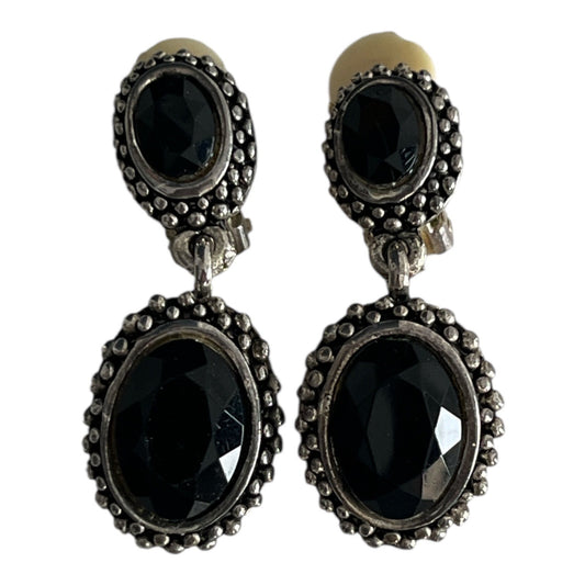 Vintage Black Faceted Drop Earrings Silver Tone Clip On 1.5 Inch