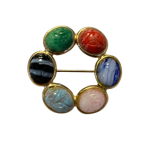 Vintage Scarab Style Circle Brooch Multicolor Cabochon Wreath Pin 1.25