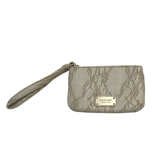 Nine West Wristlet Clutch Pouch – Lace Overlay – Metallic Logo Plate – 6.5x4” – Beige