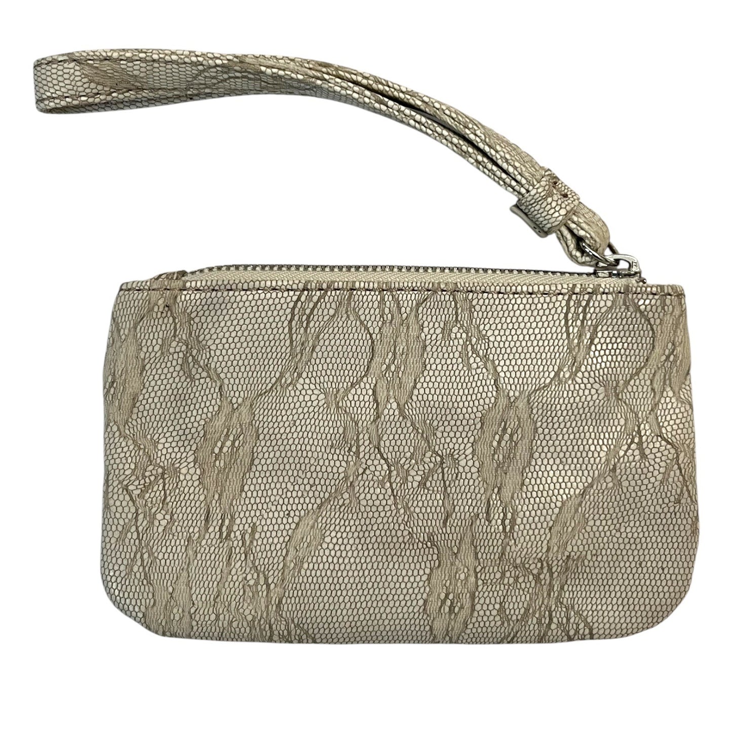 Nine West Wristlet Clutch Pouch – Lace Overlay – Metallic Logo Plate – 6.5x4” – Beige