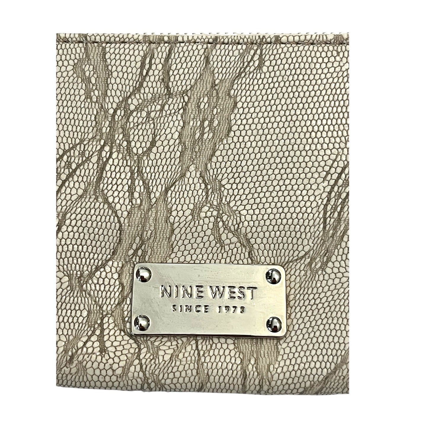 Nine West Wristlet Clutch Pouch – Lace Overlay – Metallic Logo Plate – 6.5x4” – Beige