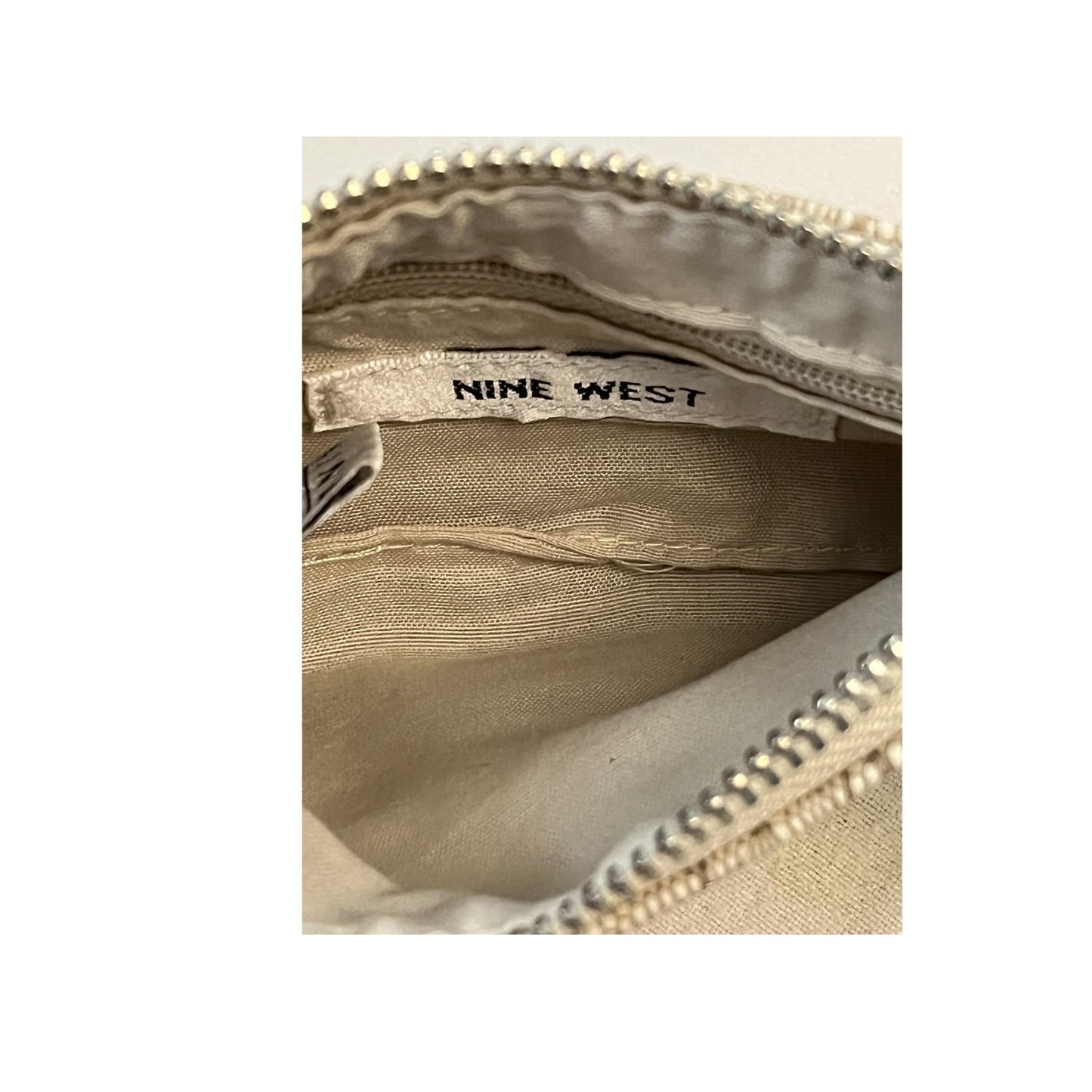 Nine West Wristlet Clutch Pouch – Lace Overlay – Metallic Logo Plate – 6.5x4” – Beige