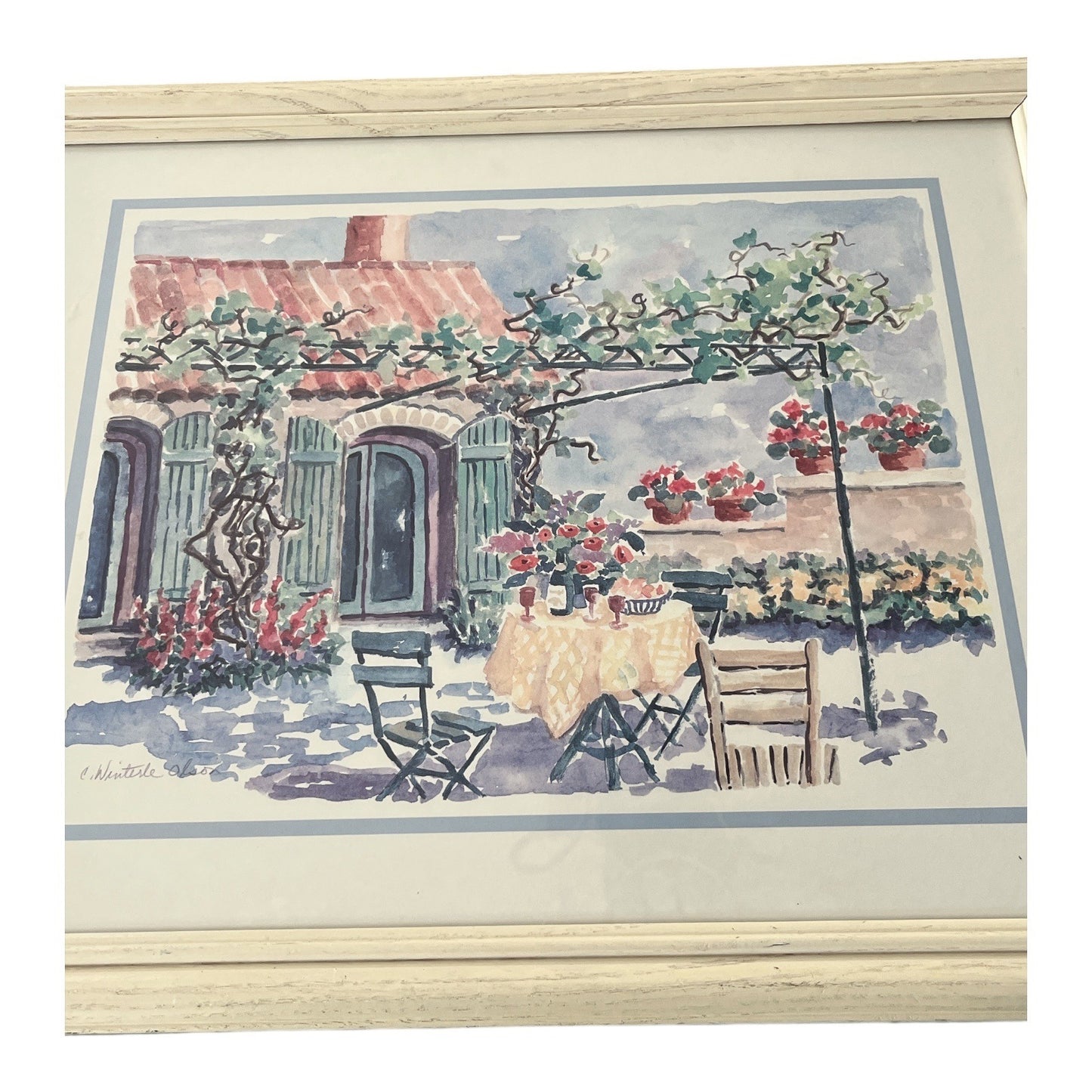 Vintage C. Winterle Olson Framed Art Print Cottage Patio Scene