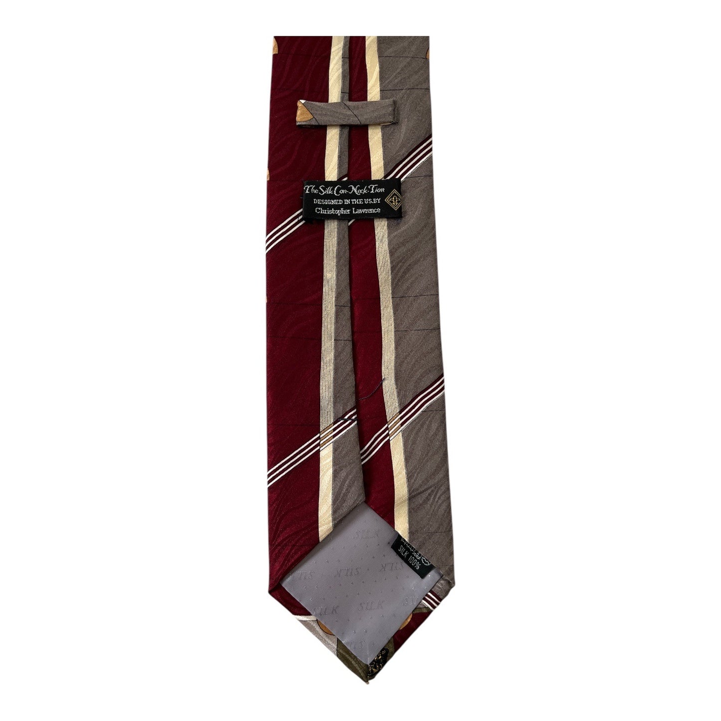 Vintage Christopher Lawrence Silk Tie Geometric Crest Pattern Burgundy Gray USA