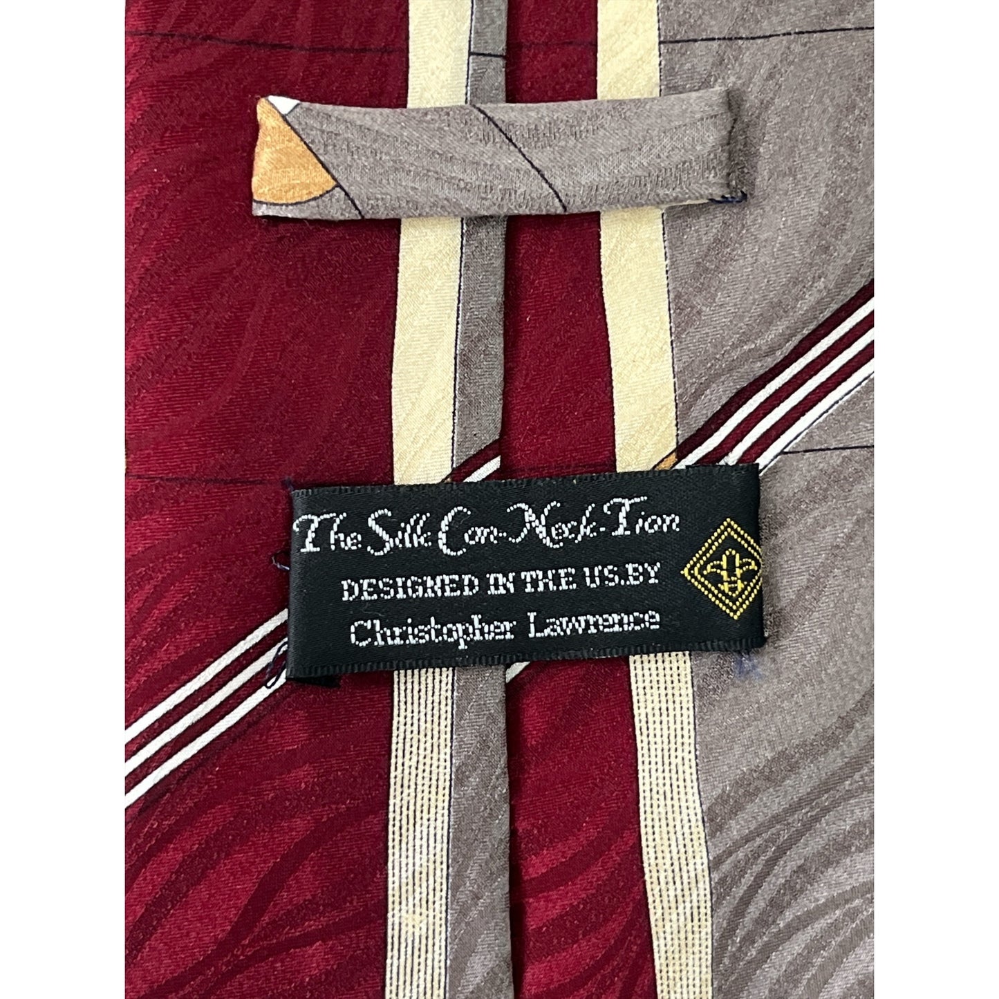 Vintage Christopher Lawrence Silk Tie Geometric Crest Pattern Burgundy Gray USA