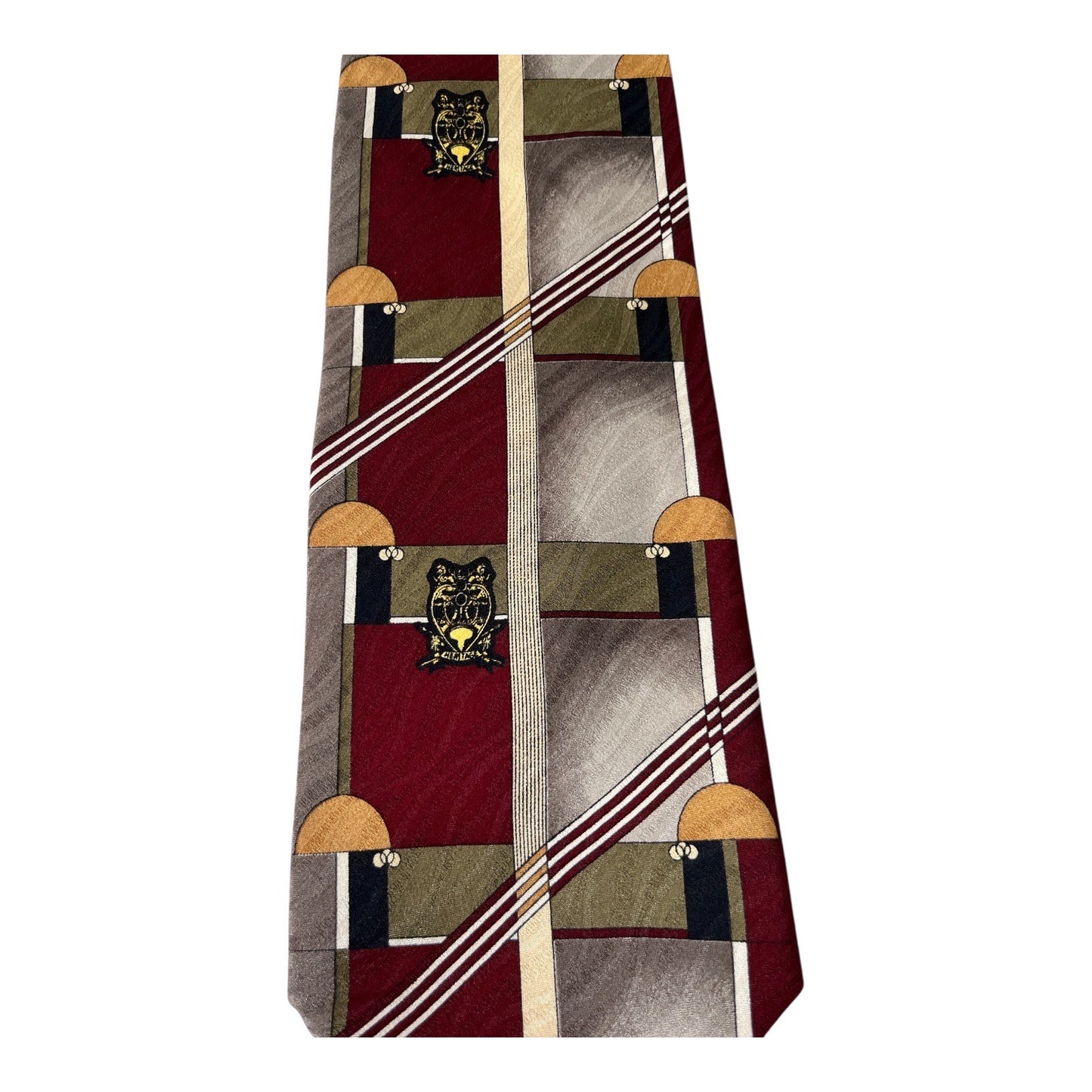 Vintage Christopher Lawrence Silk Tie Geometric Crest Pattern Burgundy Gray USA