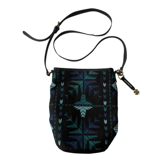 Lucky Brand Boho Crossbody Bag Embroidered Canvas Black Teal Blue
