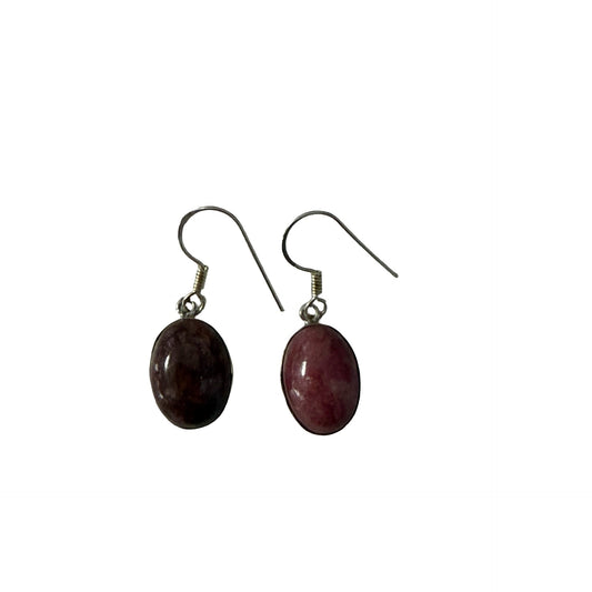 Vintage Pink Stone Cabochon Drop Earrings Oval Dangle Earrings Silver Tone
