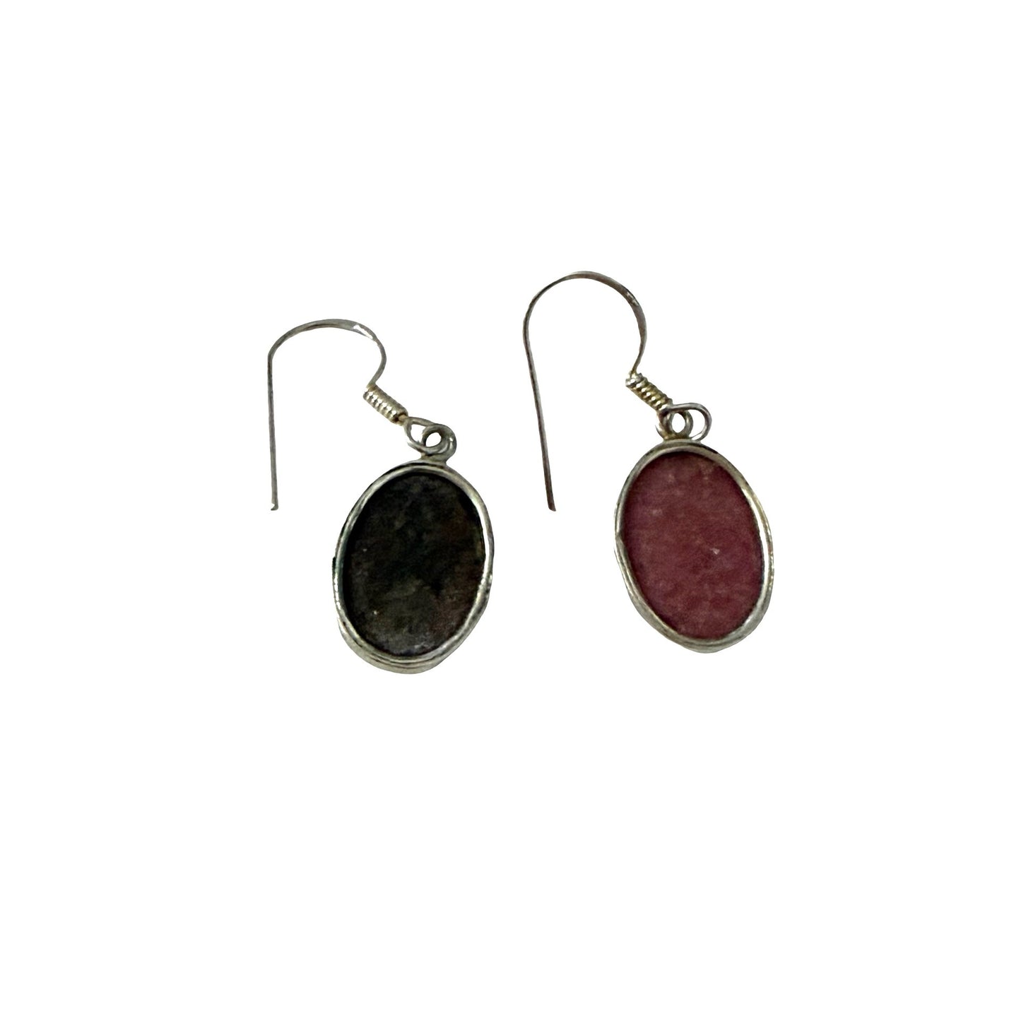 Vintage Pink Stone Cabochon Drop Earrings Oval Dangle Earrings Silver Tone