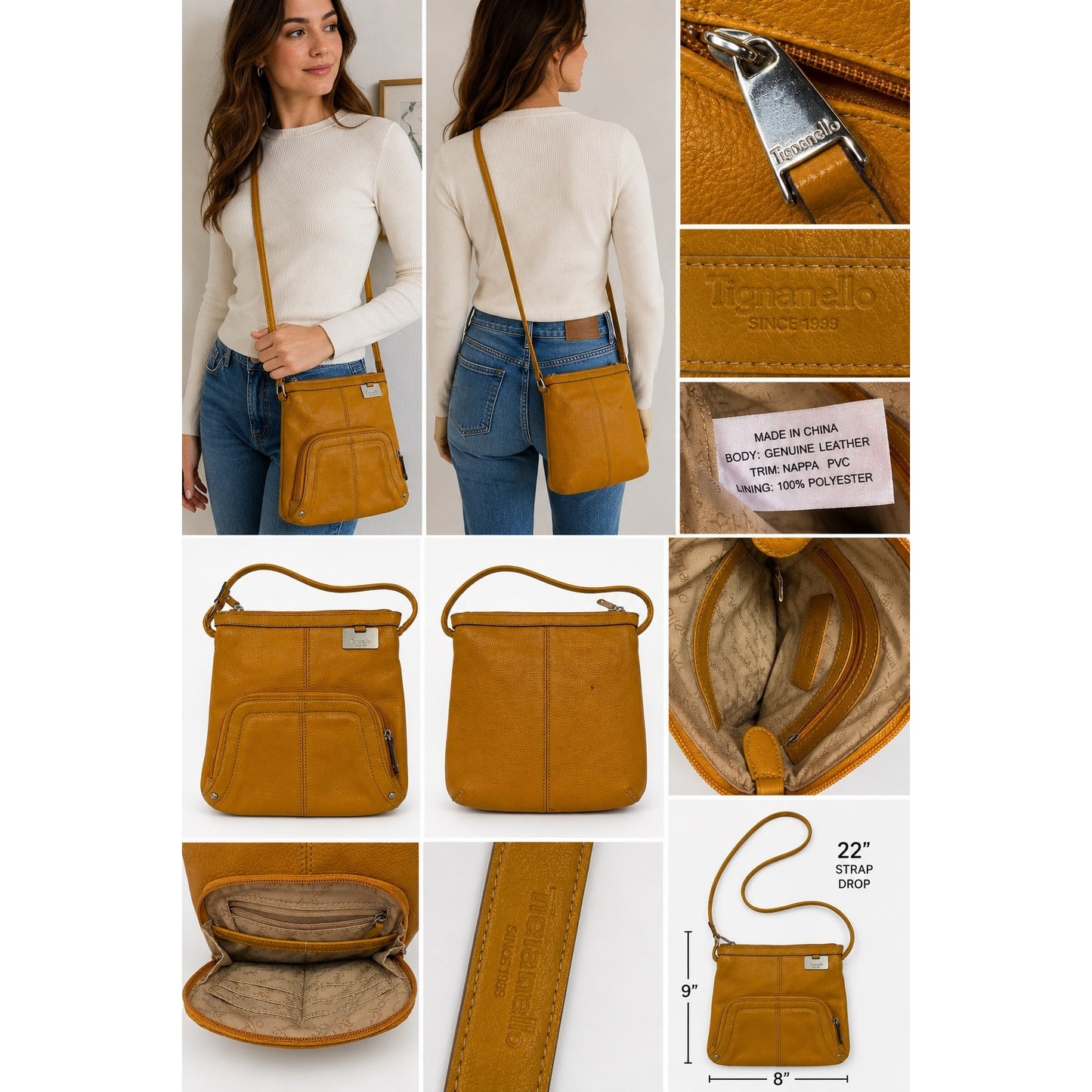 Tignanello Genuine Leather Crossbody Bag Mustard Yellow Pebbled Leather 9x8 22" Drop