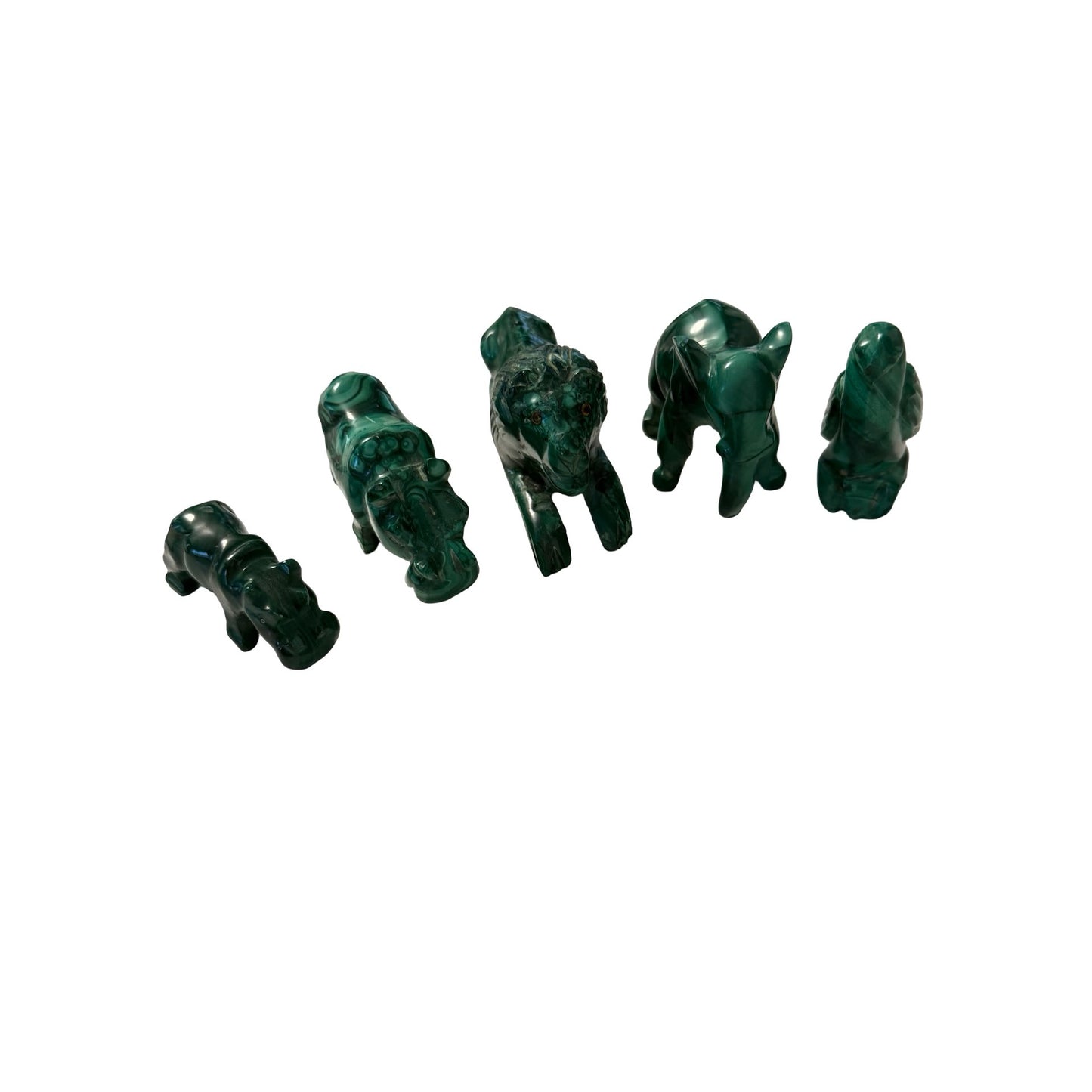 Lot of 5 Malachite Stone Animal Figurines Lion Elephant Bird Hippo Hand Carved