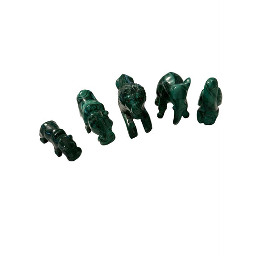 Lot of 5 Malachite Stone Animal Figurines Lion Elephant Bird Hippo Hand Carved
