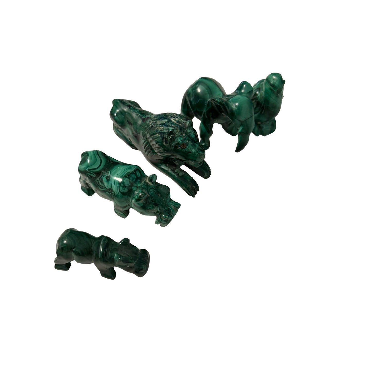 Lot of 5 Malachite Stone Animal Figurines Lion Elephant Bird Hippo Hand Carved