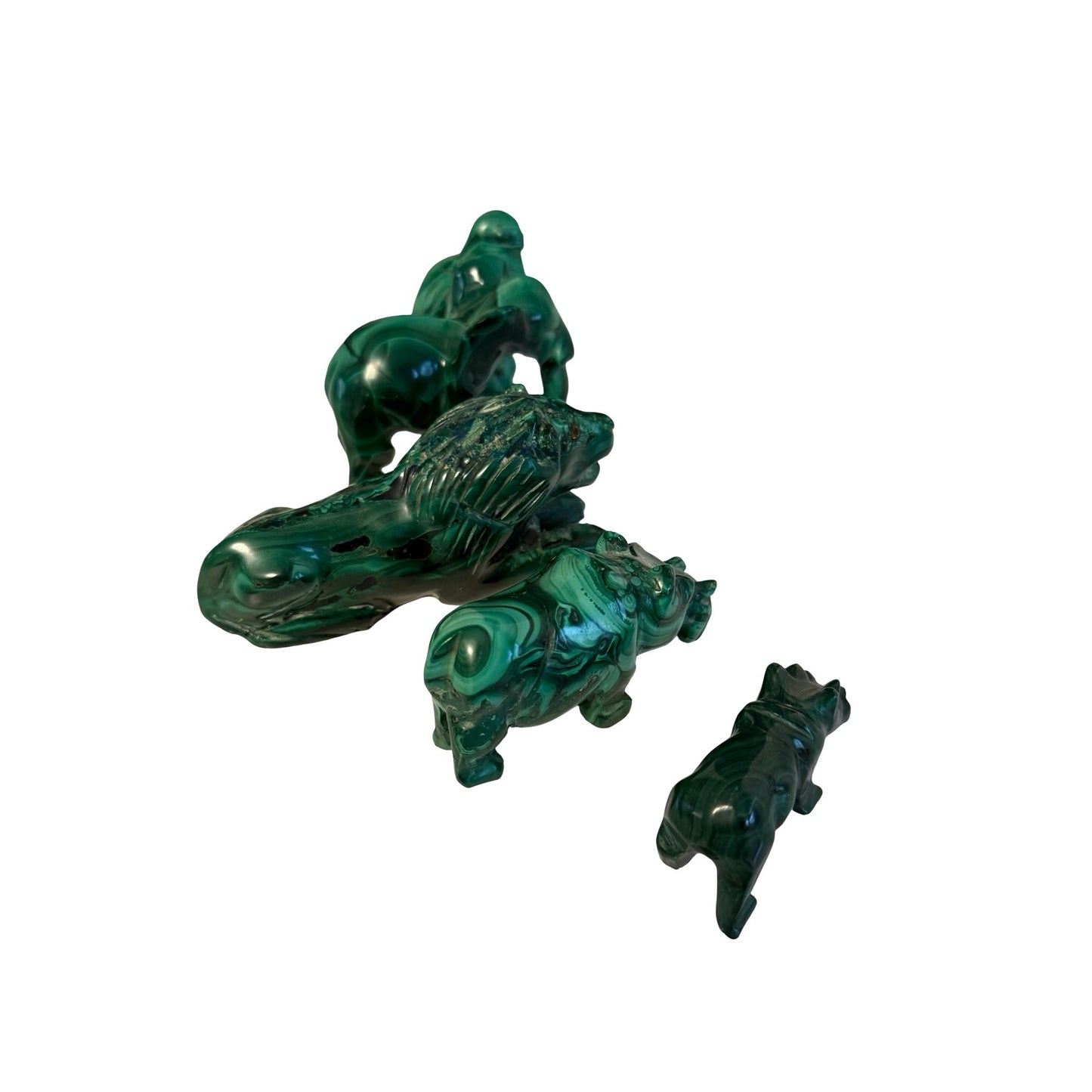 Lot of 5 Malachite Stone Animal Figurines Lion Elephant Bird Hippo Hand Carved