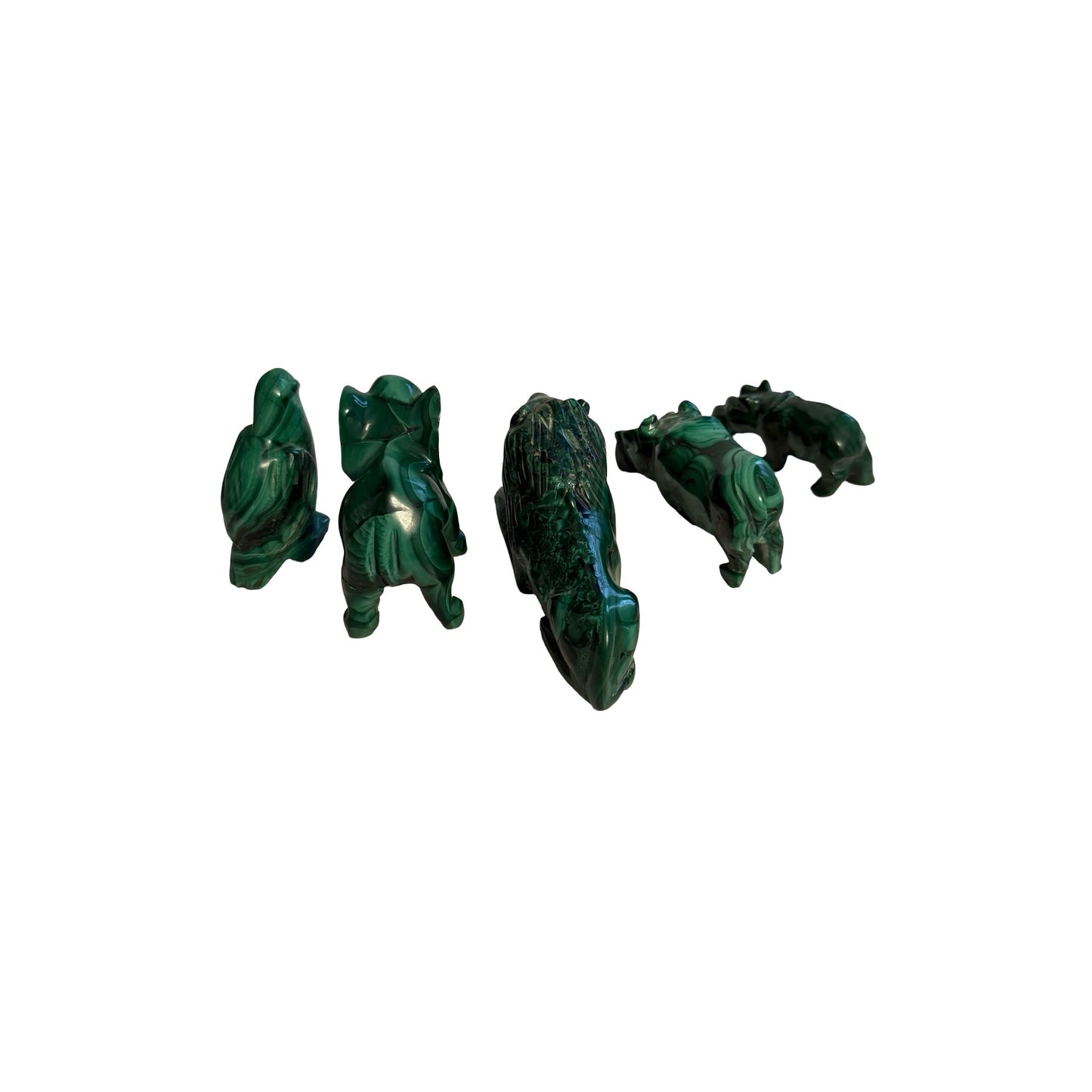 Lot of 5 Malachite Stone Animal Figurines Lion Elephant Bird Hippo Hand Carved