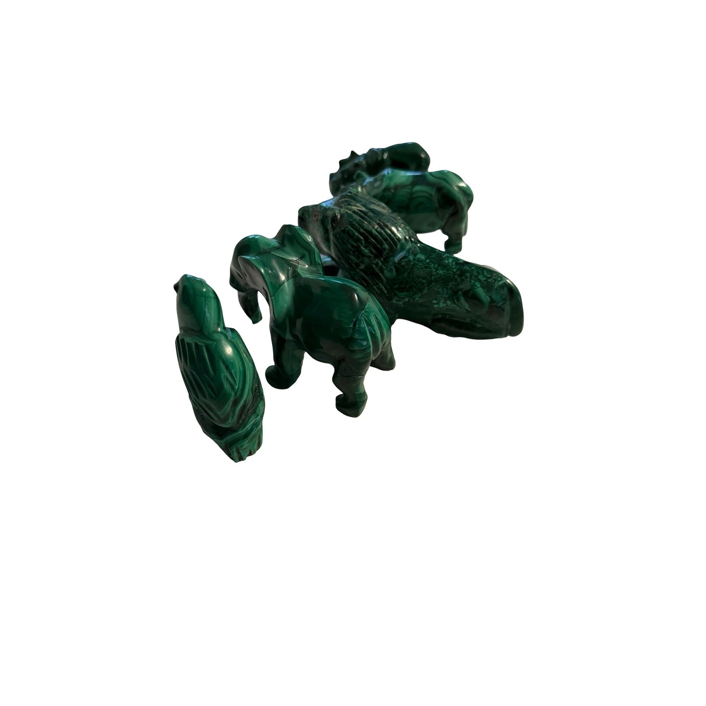 Lot of 5 Malachite Stone Animal Figurines Lion Elephant Bird Hippo Hand Carved