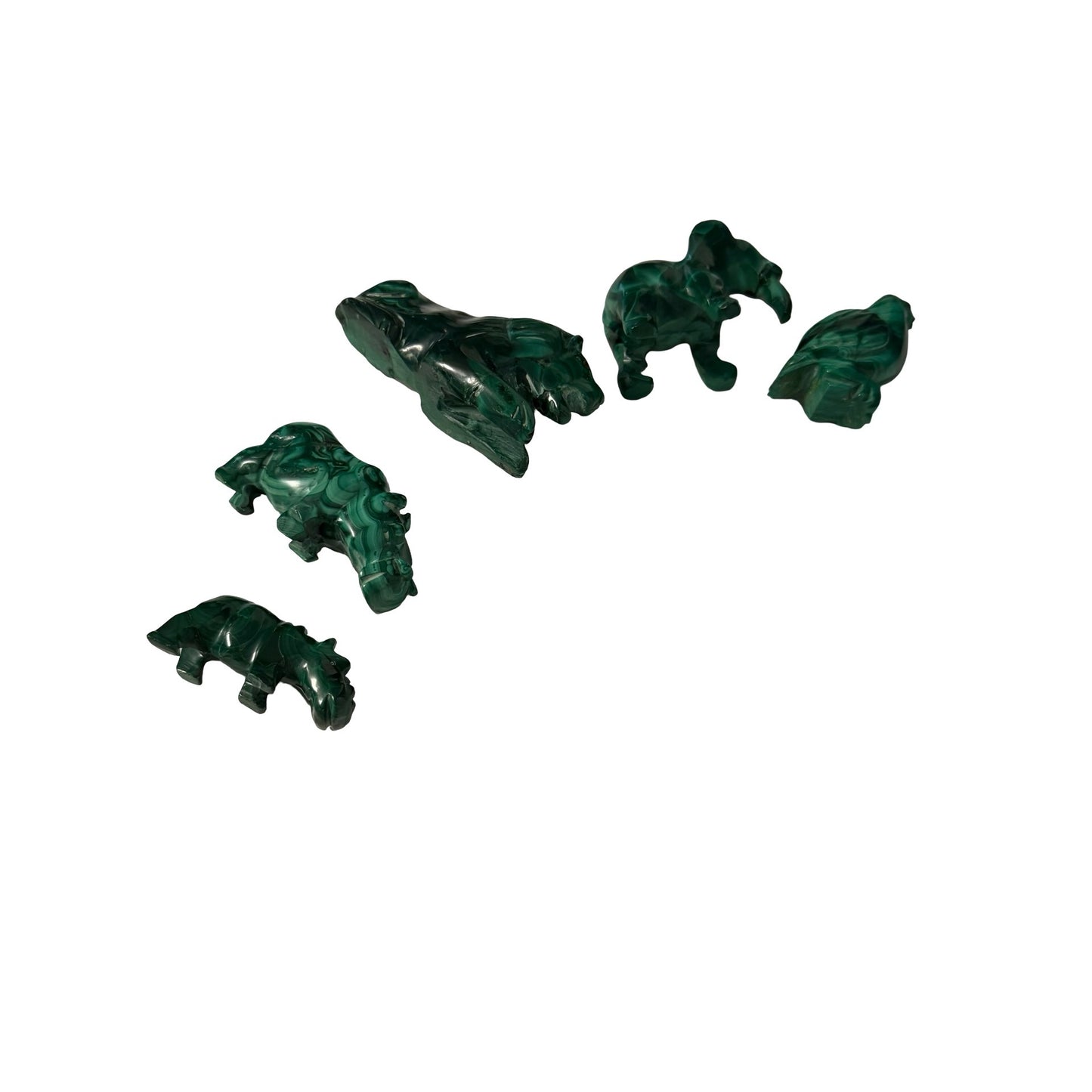 Lot of 5 Malachite Stone Animal Figurines Lion Elephant Bird Hippo Hand Carved