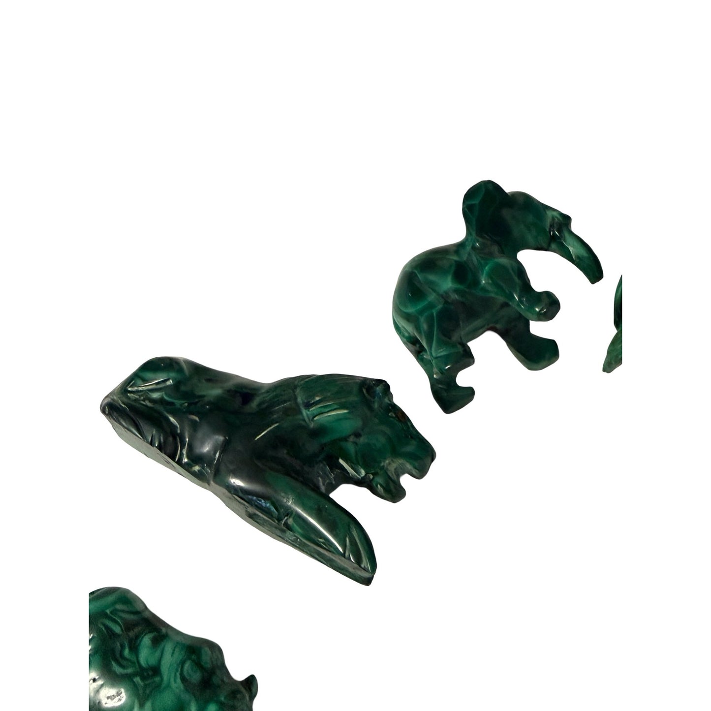 Lot of 5 Malachite Stone Animal Figurines Lion Elephant Bird Hippo Hand Carved