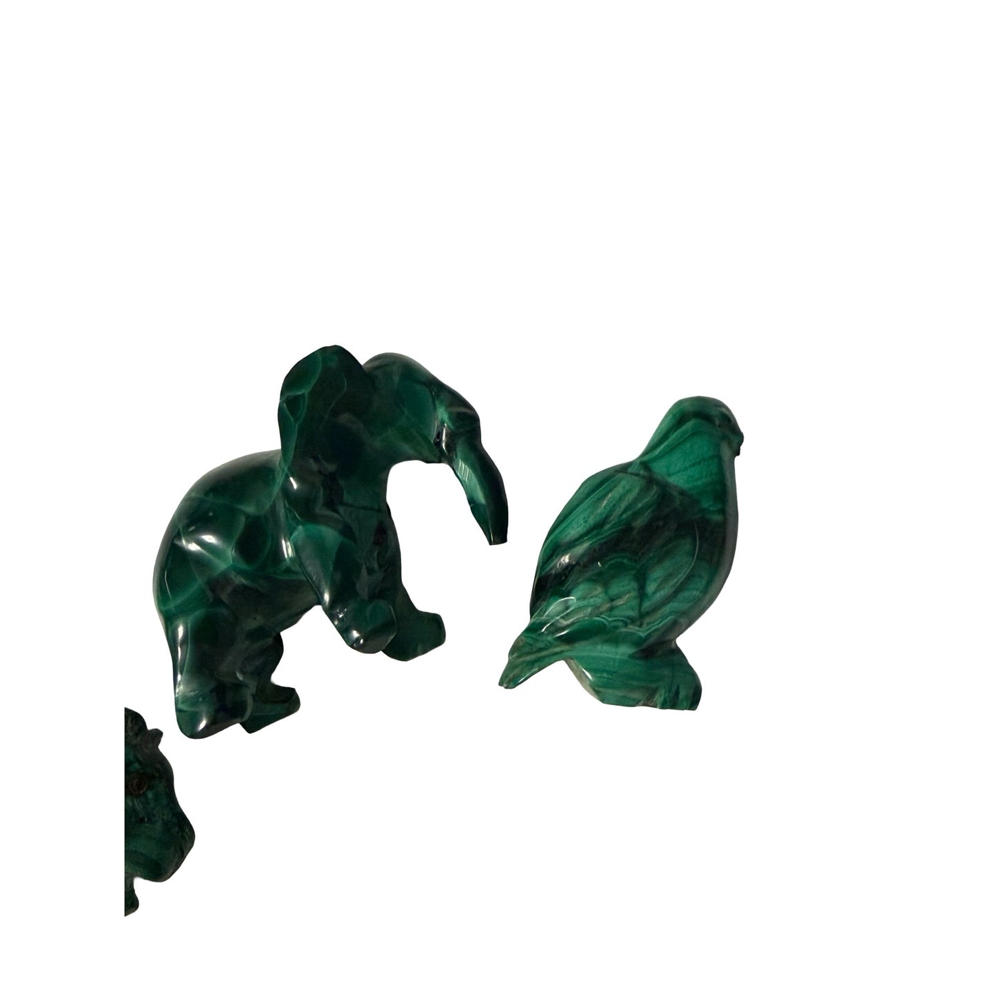 Lot of 5 Malachite Stone Animal Figurines Lion Elephant Bird Hippo Hand Carved