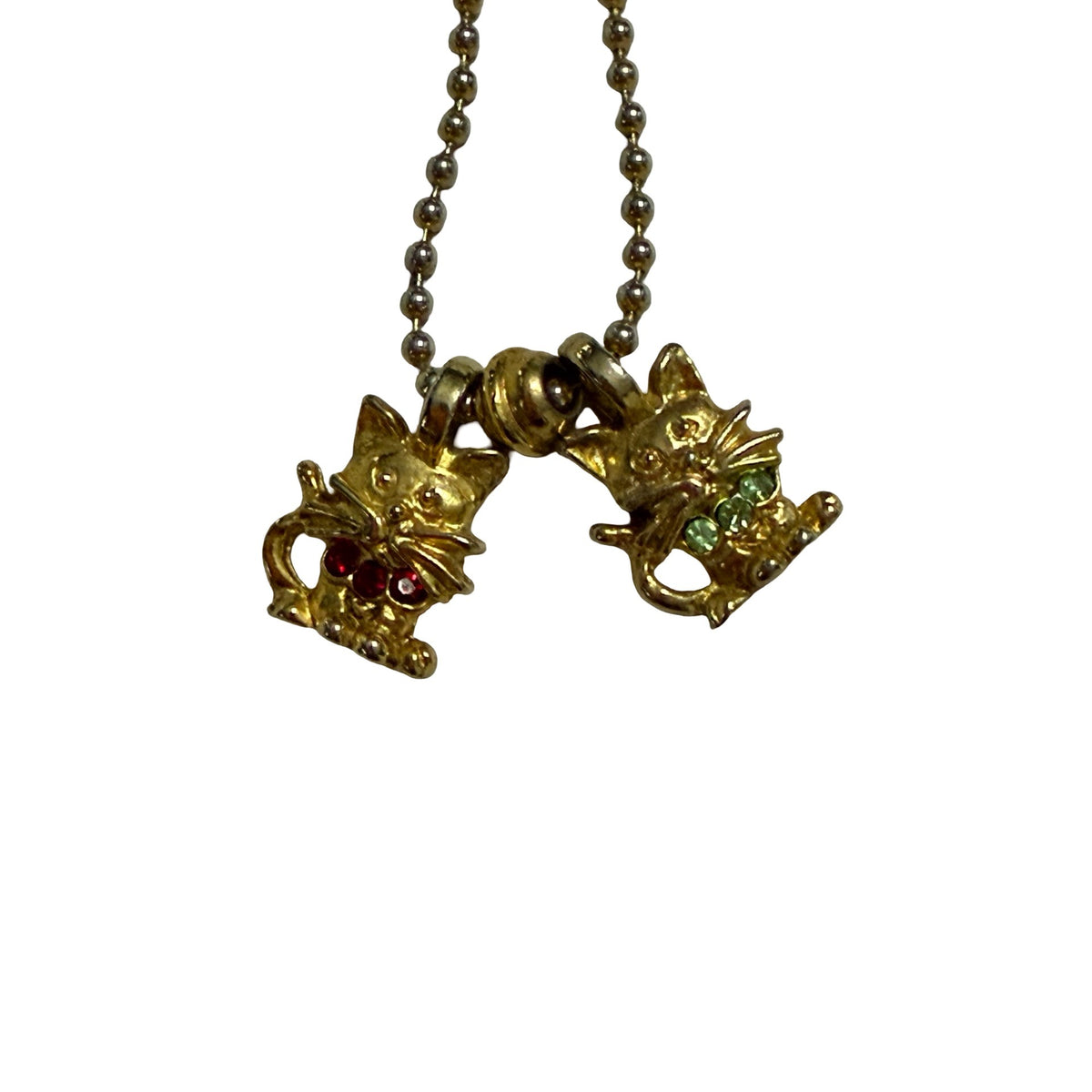 Vintage Gold Tone Double Cat Charm Necklace Red Green Rhinestones 28 Inch
