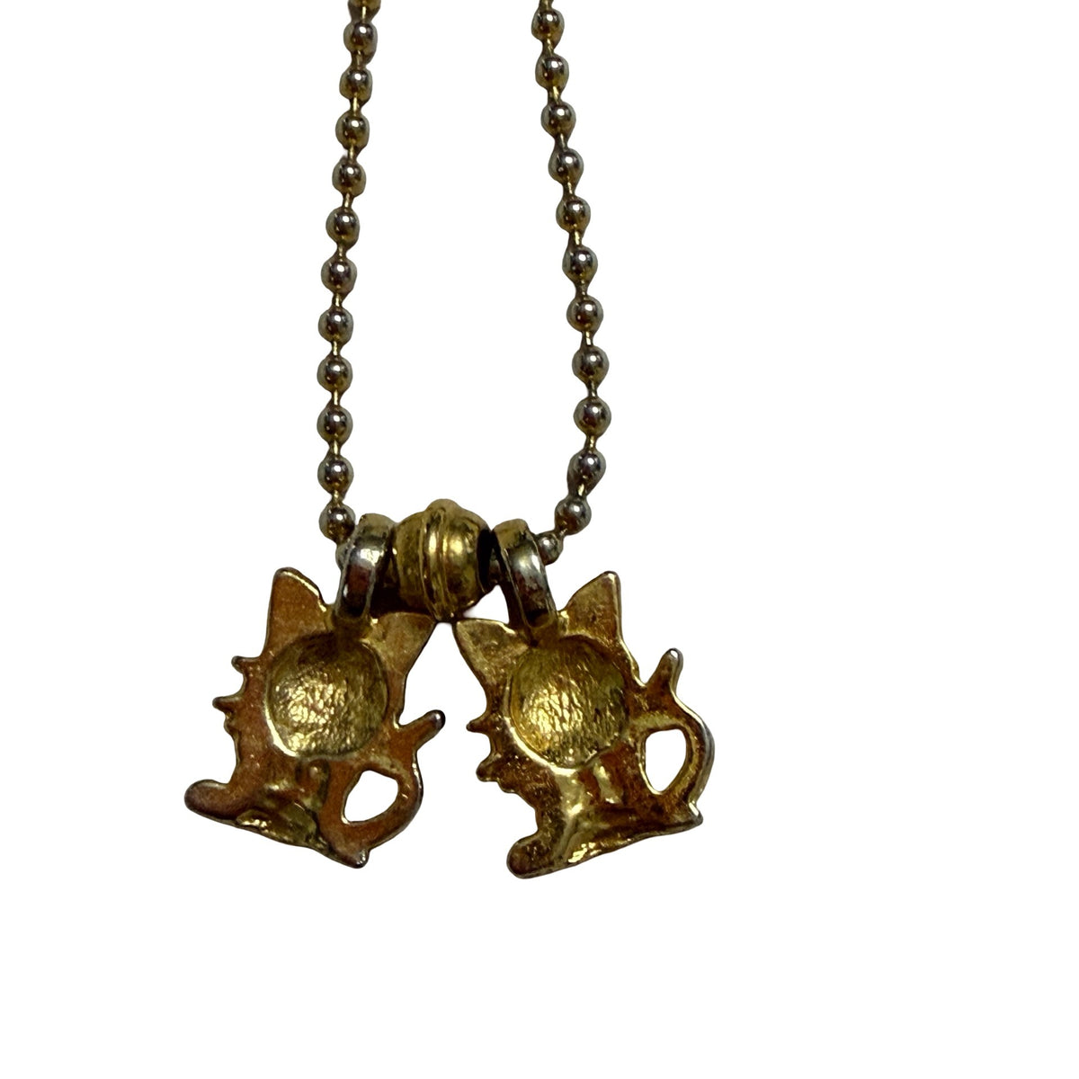 Vintage Gold Tone Double Cat Charm Necklace Red Green Rhinestones 28 Inch