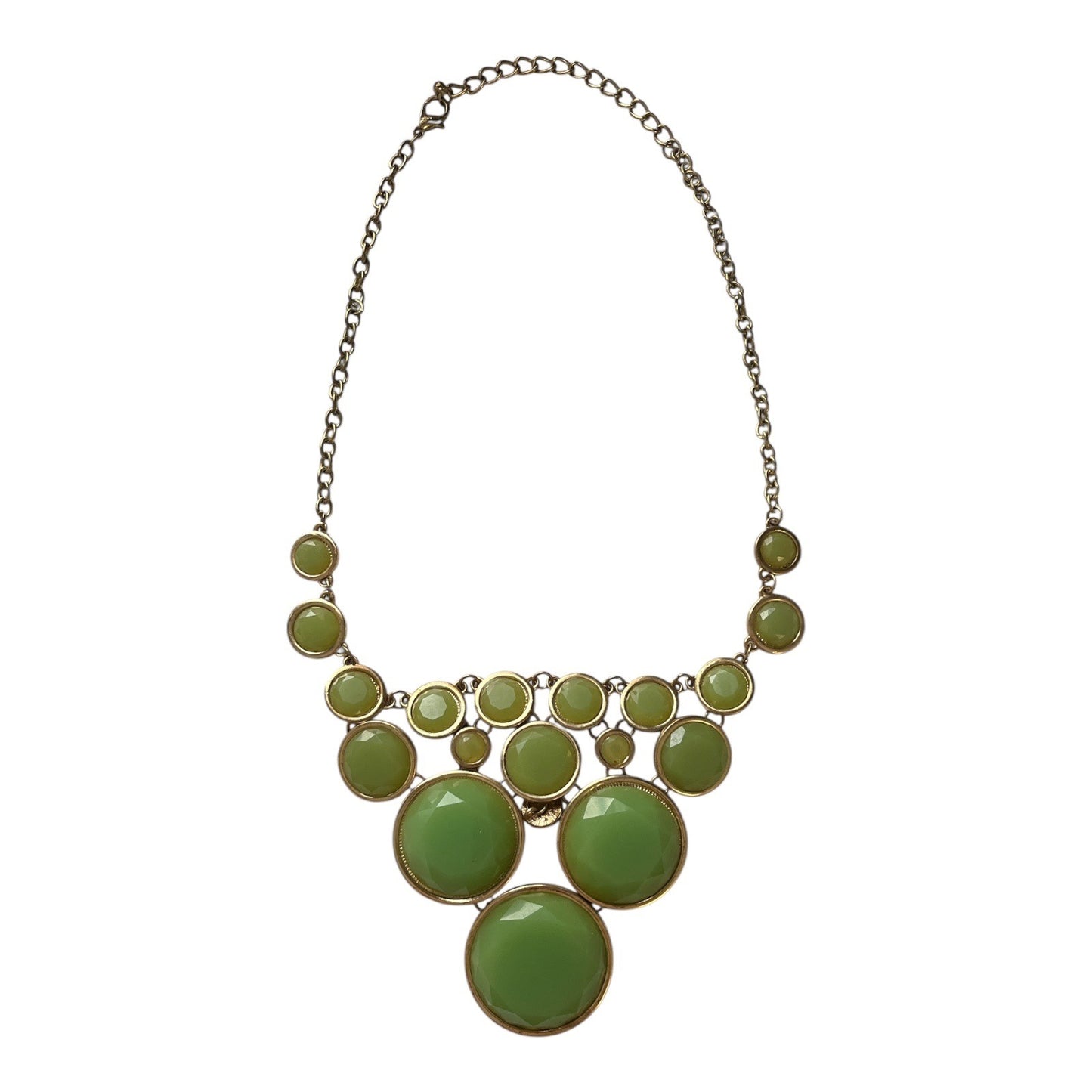 Vintage Green Bubble Bib Statement Necklace – Faceted Resin Stones with Gold-Tone Setting