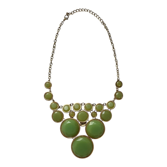 Vintage Green Bubble Bib Statement Necklace – Faceted Resin Stones with Gold-Tone Setting