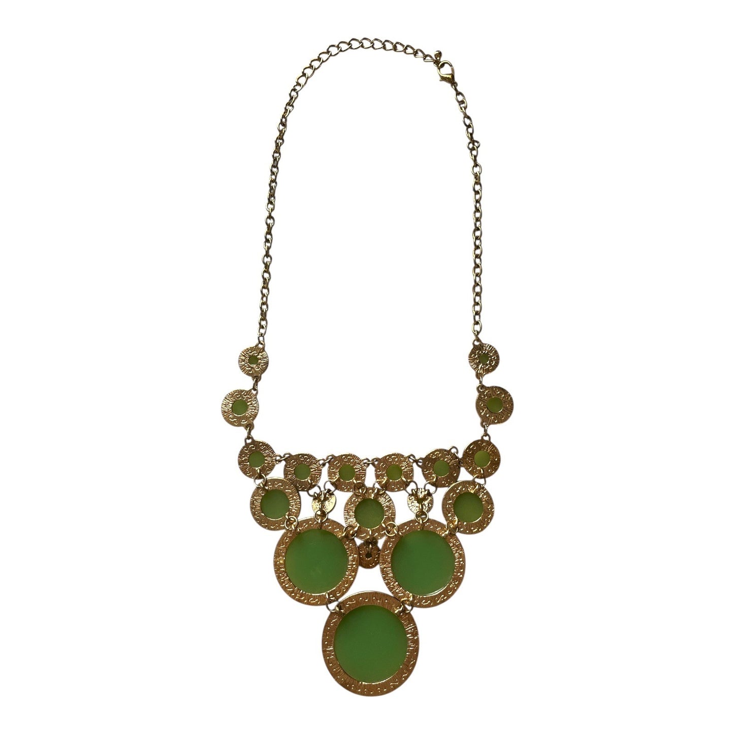 Vintage Green Bubble Bib Statement Necklace – Faceted Resin Stones with Gold-Tone Setting
