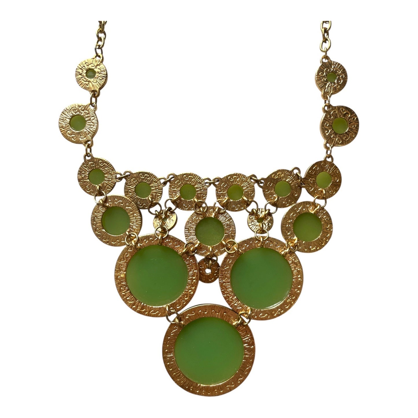 Vintage Green Bubble Bib Statement Necklace – Faceted Resin Stones with Gold-Tone Setting