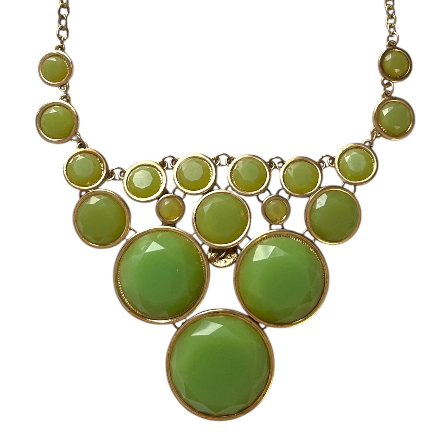 Vintage Green Bubble Bib Statement Necklace – Faceted Resin Stones with Gold-Tone Setting
