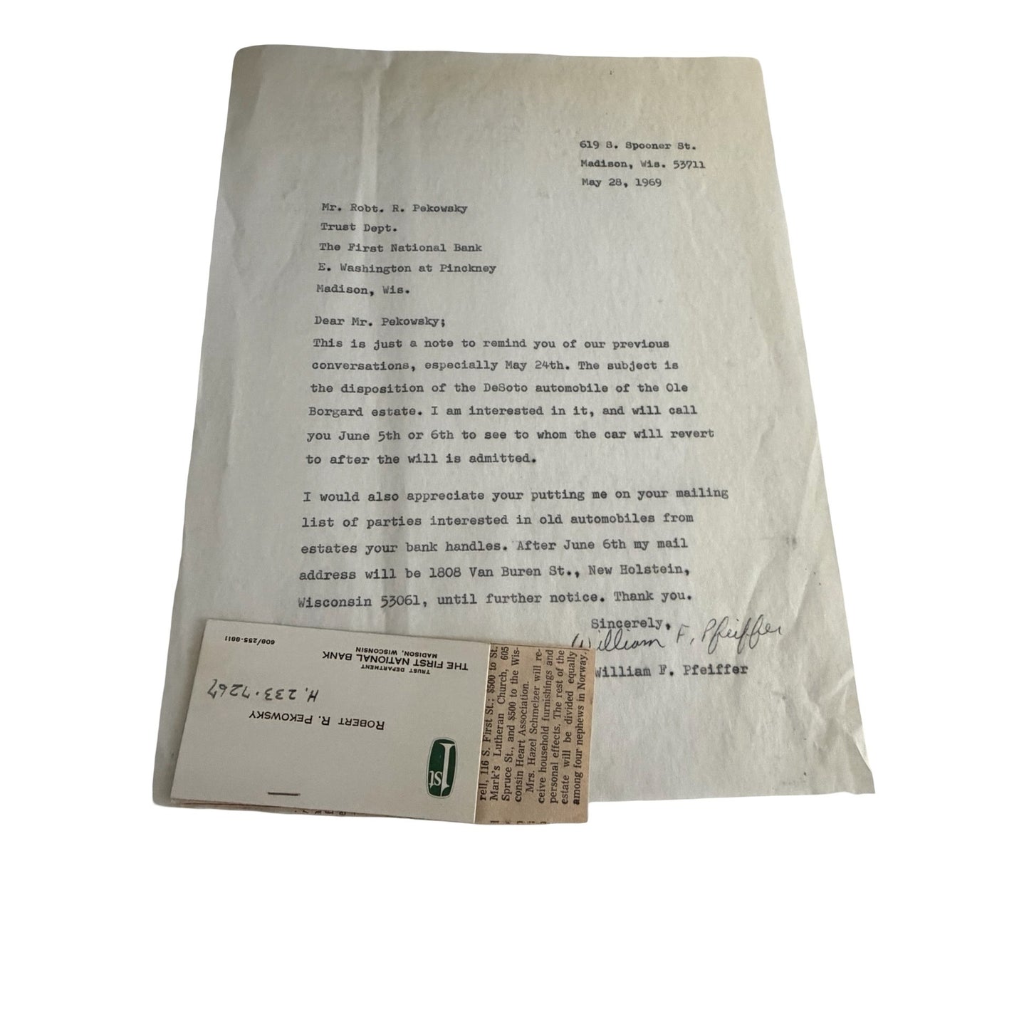 Vintage 1969 Signed Estate Inquiry Letter DeSoto Automobile Ole Borgard Wisconsin Ephemera