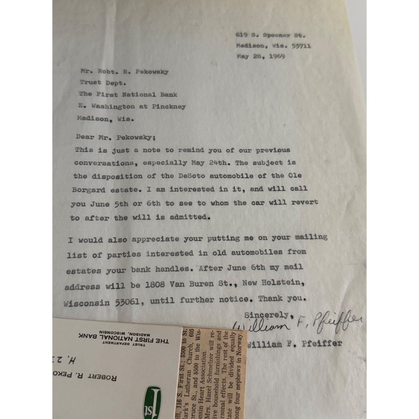 Vintage 1969 Signed Estate Inquiry Letter DeSoto Automobile Ole Borgard Wisconsin Ephemera