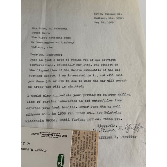 Vintage 1969 Signed Estate Inquiry Letter DeSoto Automobile Ole Borgard Wisconsin Ephemera