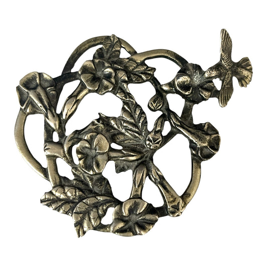 Vtg Metzke Solid Brass Trivet – Signed 1986, Hummingbird & Morning Glory Design, 3" x 4" Nature Wall Art